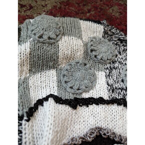 Vintage 80s Textured Sweater 3d Women S Black White Gray Stripe Ramie Knit Top - Picture 6 of 11